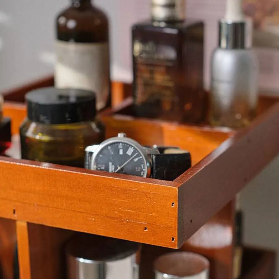 Wooden cosmetics rotating storage rack, can hold small items and cosmetics, suitable for bedrooms, dressing tables,and bathrooms