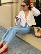 Casual Solid Lace Up Women Blouse Deep V-neck Long Sleeve Loose Female Shirt 2025 Spring Summer New Fashion Sweet Ladies Blouses