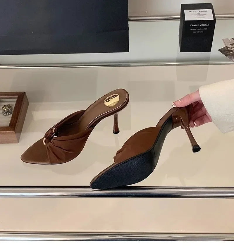 Elegant Woman Heeled Shoes 2025 New Open Toe Slippers Women Fashion Outdoor Metal Decoration Summer Plus Size Dress High Heels