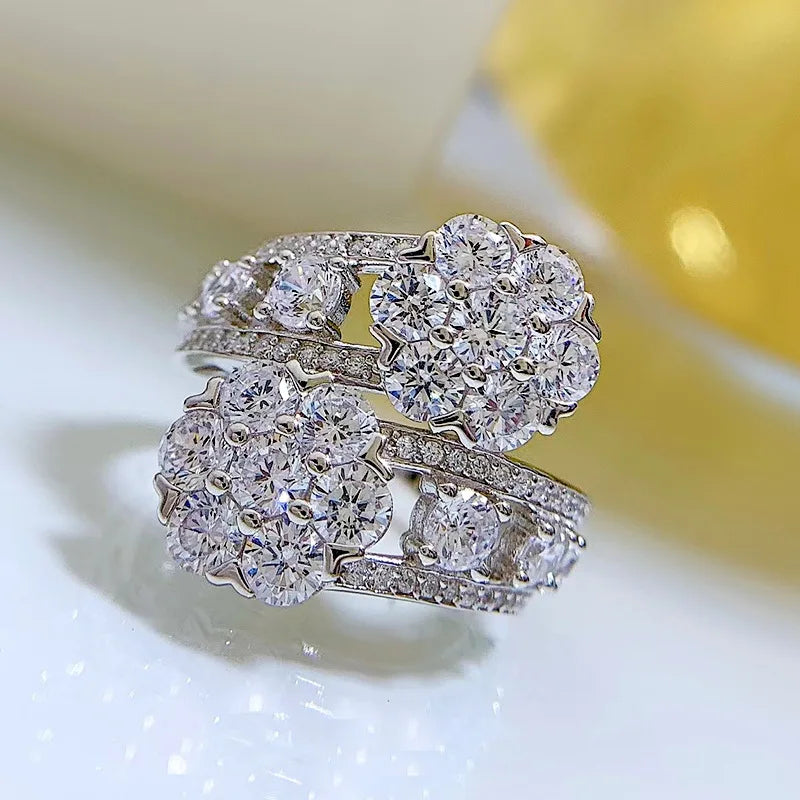 SpringLady  925 Sterling Silver Sparkling Full High Carbon Diamond Flowers Rings For Women Wedding party Fine Jewelry