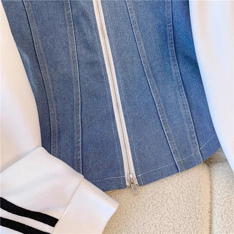 Pant Set Women Two Piece Sets Denim Splice Zipper Matching Sets Casual Coats Wide Leg Long Pants Lace Up Elastic Waist 2025