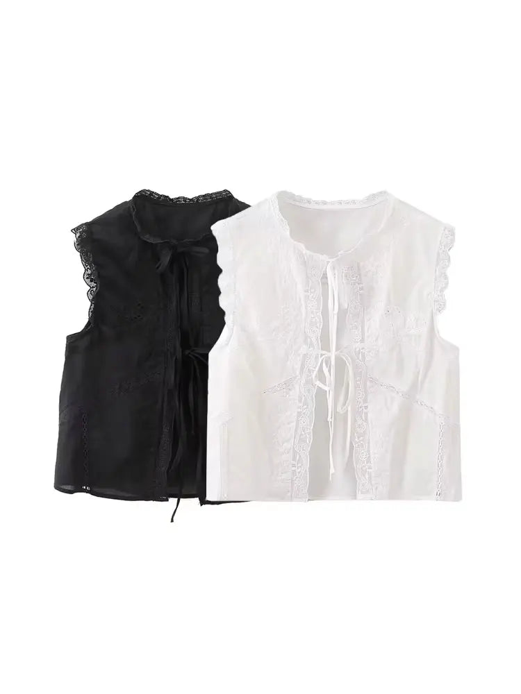 Women's Lace Embroidery Blouses, O Neck, Sleeveless, Front Tied, Female Shirts, Chic Tops, Fashion