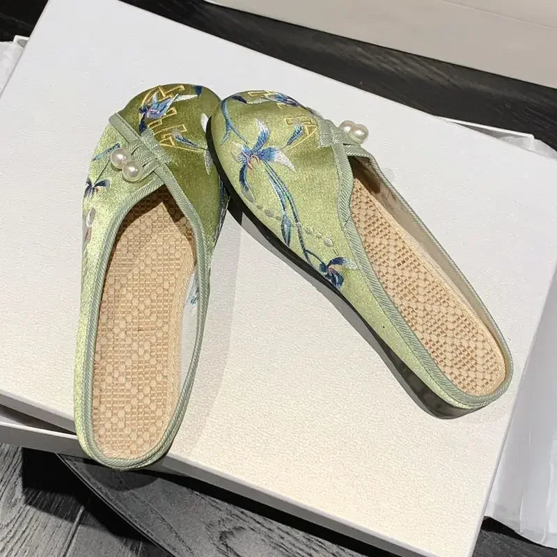 Woman Slippers Spring Autumn Soft Sole Baotou Flats Embroider Home Slippers Casual Shoes for Women Ethnic Style Outdoor Slippers