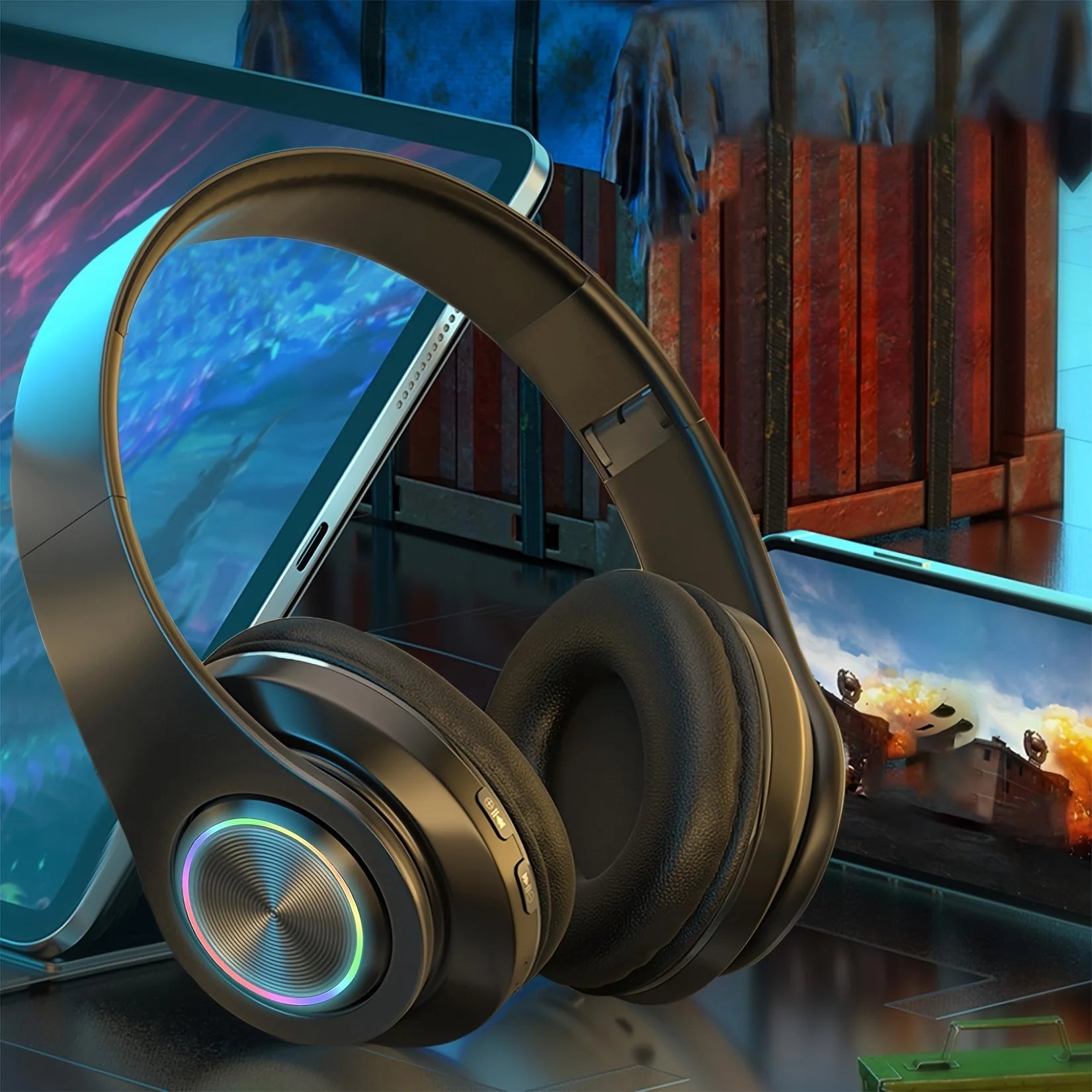 Wireless Over Ear Headphones - Active Noise Canceling, Deep Bass, LED Light, Portable Folding Design for Music, Sports & Games