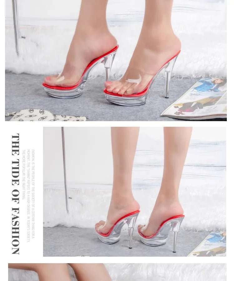 Woman High Heels Slippers 2024 12cm 13CM Crystal Transparent Sexy Model Runway Training High Heels Catwalk Performance Shoes