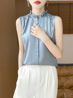 Women's T-shirt Ruffled Stand Collar Sleeveless Tops Loose Spring Summer Solid Tops Innerwear Casual Silk Ladies Tees Undershirt