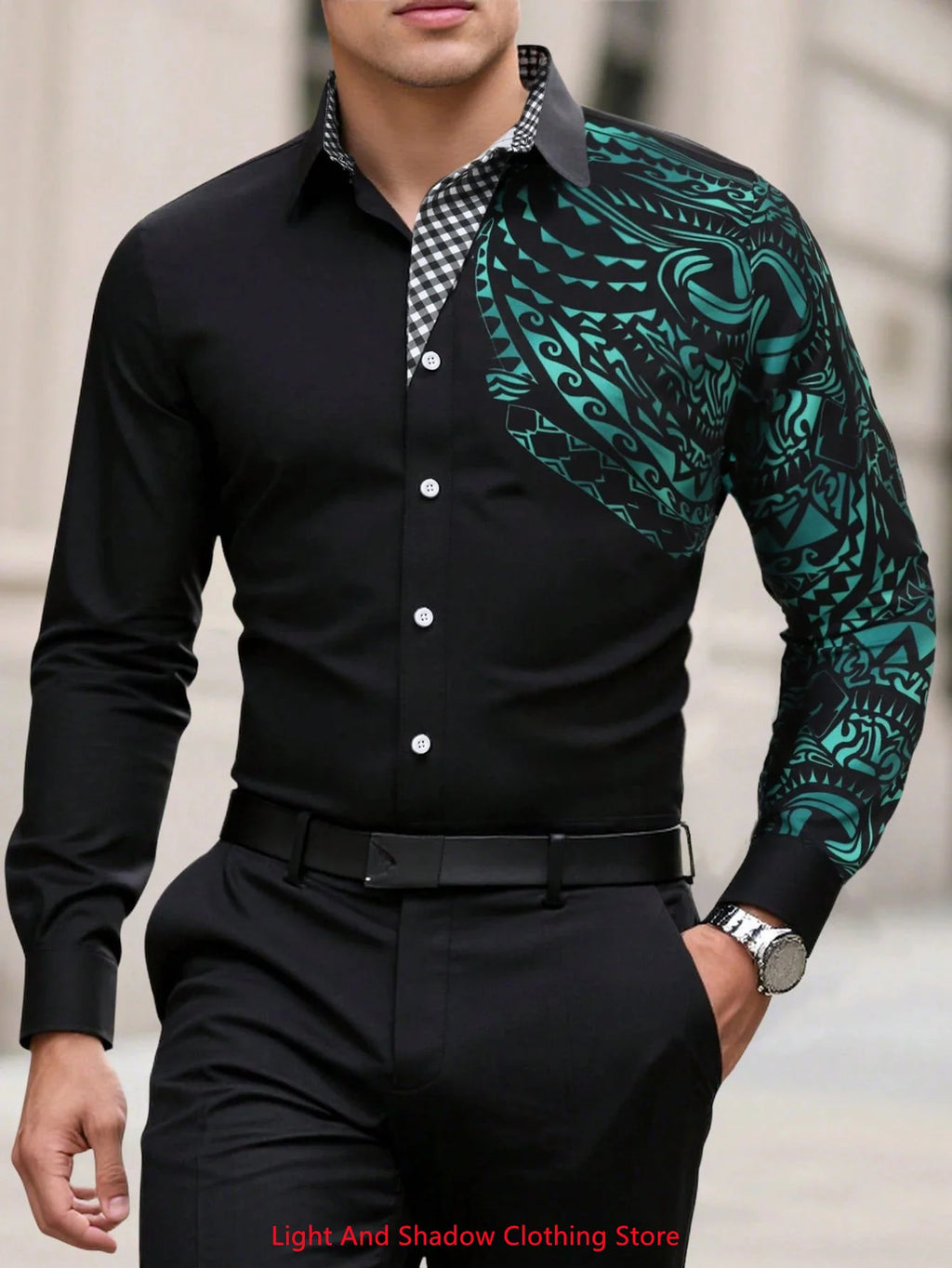 New men's fashionable business casual long sleeved shirt, classic printed collar, social party comfortable men's clothing