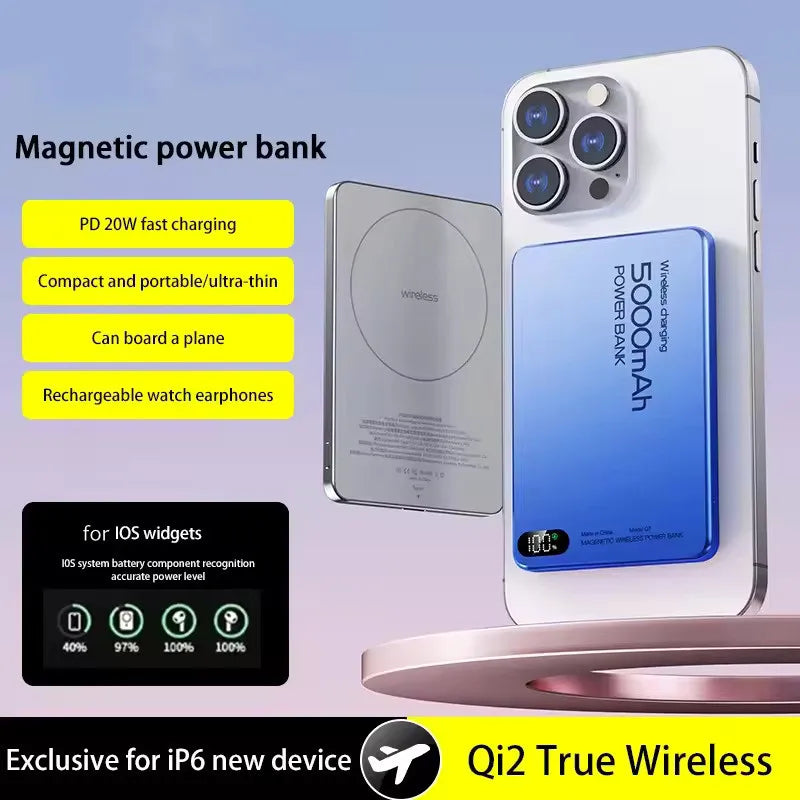 Magnetic Wireless Power Bank Qi2 Alloy Backup Battery PD20W Fast Charging For MagSafe External Battery Portable Charger
