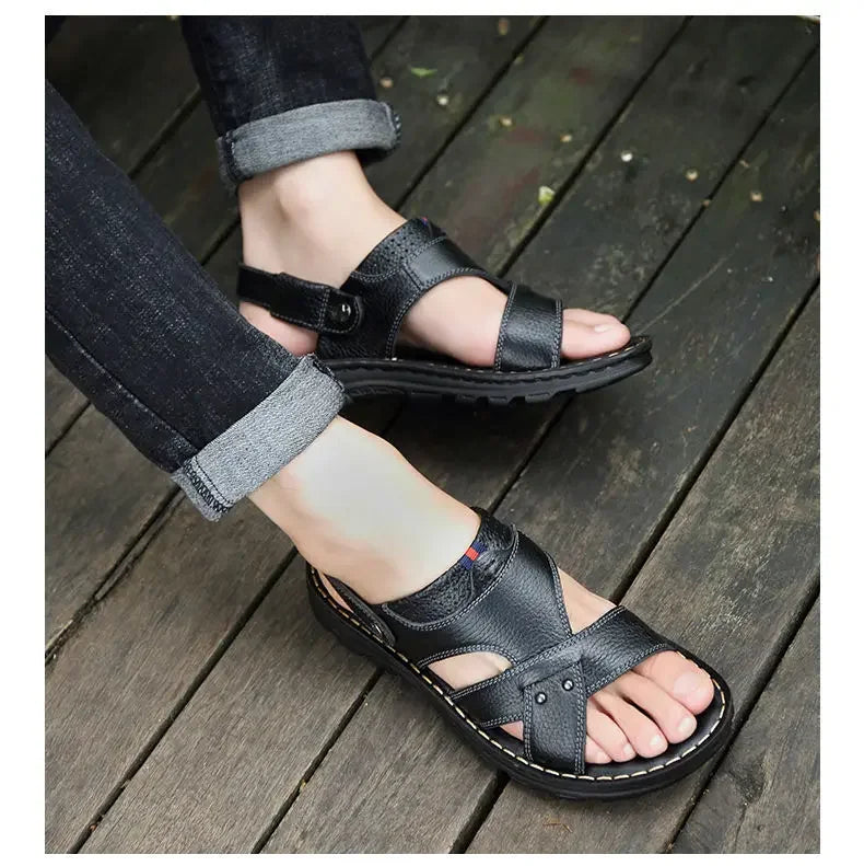 Men's Leather Summer Sandals 2025 Non-slip Thick-soled Comfort Soft Outdoor Beach Slippers