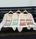 Women Tops Embroidery Crochet Top with Chiffon Sleeve Button Front Airy Shirts Sheer Open-knit Blouses Summer Vacation Outfit