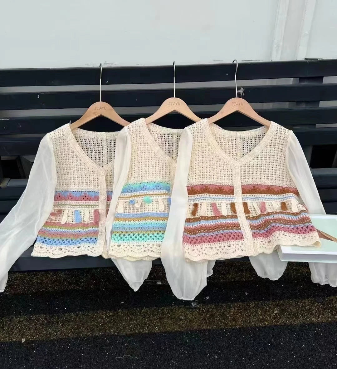 Women Tops Embroidery Crochet Top with Chiffon Sleeve Button Front Airy Shirts Sheer Open-knit Blouses Summer Vacation Outfit