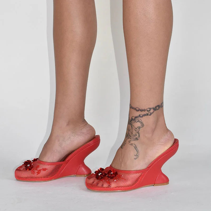 Woman Sandals 2025 Summer Fashion Sexy Hollow Out Strange Style Female Shoes Crystal Flower Decoration High Heel Ladies Slippers