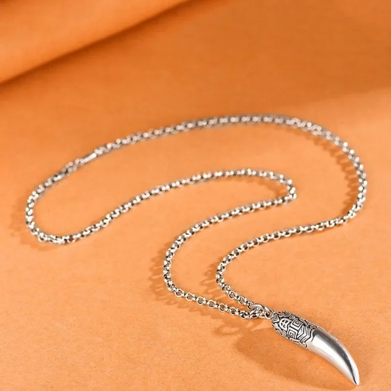Creative 925 Silver Ethnic Style glossy Necklace Keel chains Banquet faceted wolf tooth Pendant for Men's Retro Jewelry