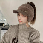 Winter Hat for Women New Fashion Winter Warm Ear Wing Knitted Cap Baseball Cap Outdoor Sports Windproof Ponytail Hat Visor