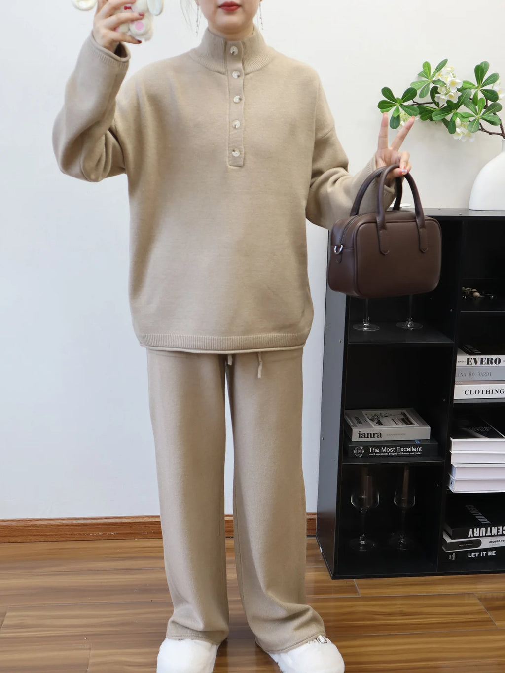 Pant Set Women Two Piece Sets Stand Collar Full Sleeve Knit Tops Wide Leg Long Pants Lace Up Elastic Waist Y2k Streetwear