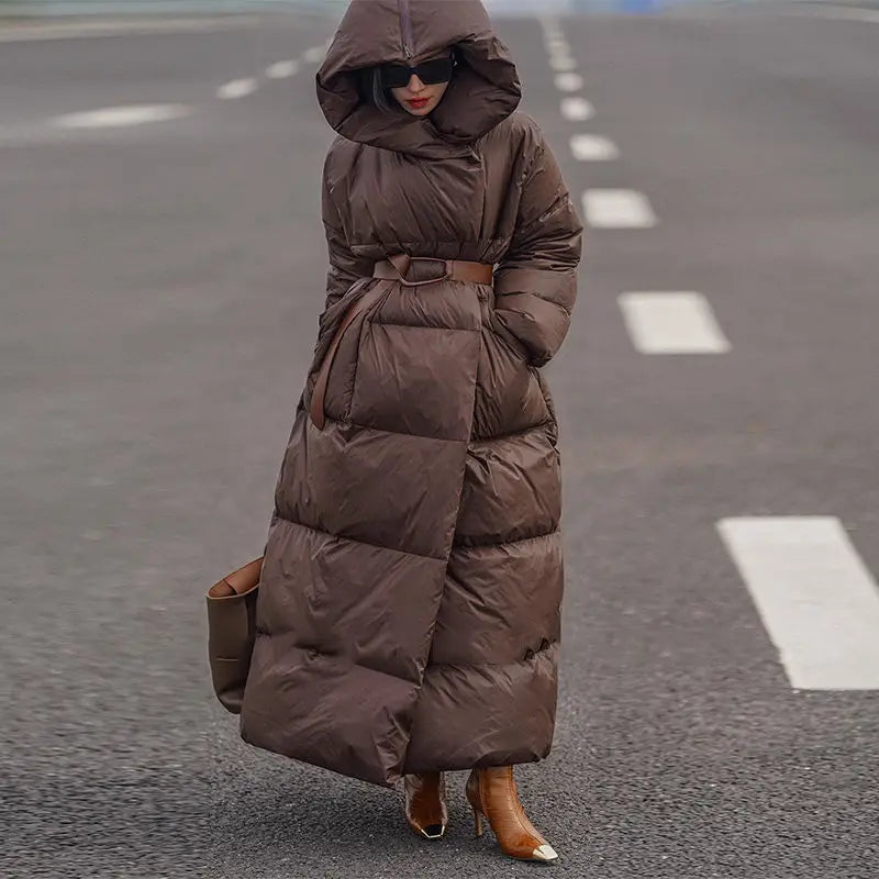 Winter Women Long White Duck Down Cotton Coat Fashion Windproof Hood Casual Thickened Warm Cotton Coat Women Parkas Jacket Coat