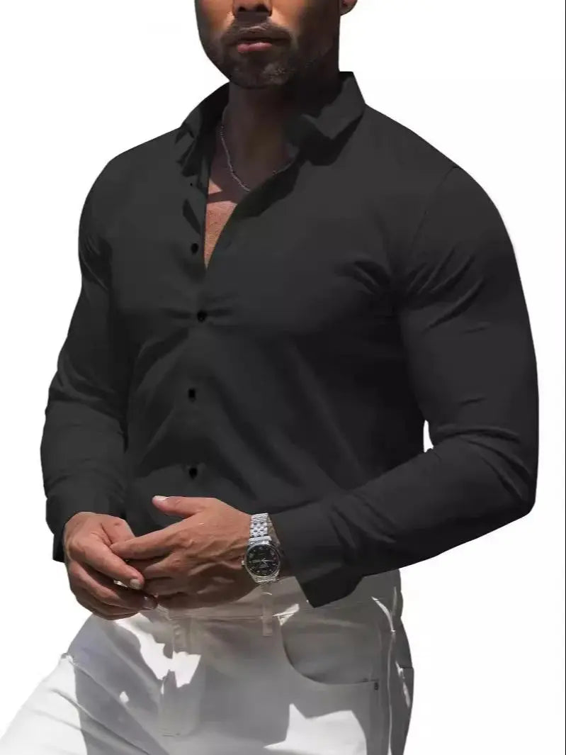 Men's formal shirt, summer long-sleeved, thin, business casual, breathable, no-iron, slimming, solid black color