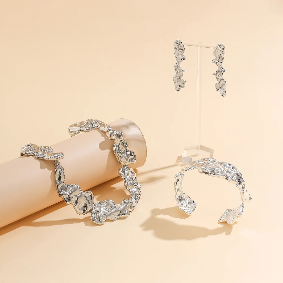 3Pcs Exaggerate Heavy Metal Liquid Irregular Necklace Vintage Statement Pleated Choker Women's Steampunk Jewelry Sets