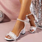 High Heels Women Sandals 2024 New Summer Wedding Shoes Bride Heels for Women Elegant Solid Lace Flower Designer Sandals
