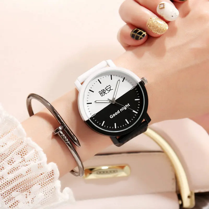 Lovers Watch Intimate Regards Good Morning Good Night Dial Leather Quartz Watch Fashion Trending Black White Case Couple Watches
