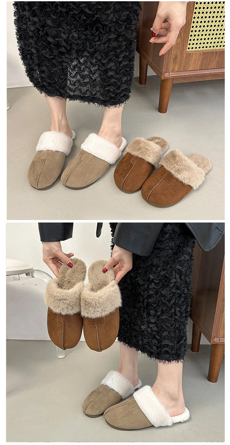 Fur Flats Women Cotton Slippers Fashion Warm Shoes Winter Short Plush Designer Cozy Woman Boots 2025 New Dress Mujer De Boots