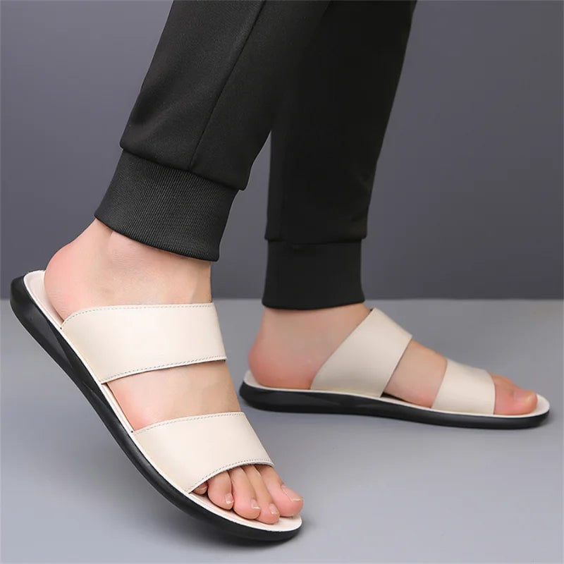 Slippers for Men Luxury Brand Leather Casual Slippers 2025 Summer New Beach Slippers for Men Non Slip Flat Sandals Large Size48