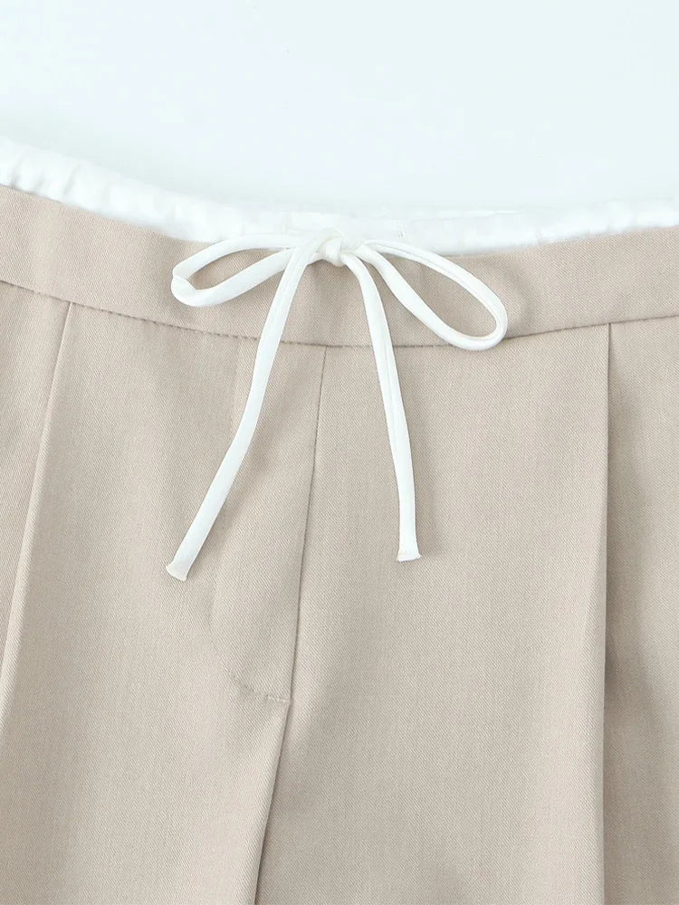 Willshela Women Fashion Solid Lace Up Side Zipper Straight Pants Vintage High Elastic Waist Female Chic Lady Trousers