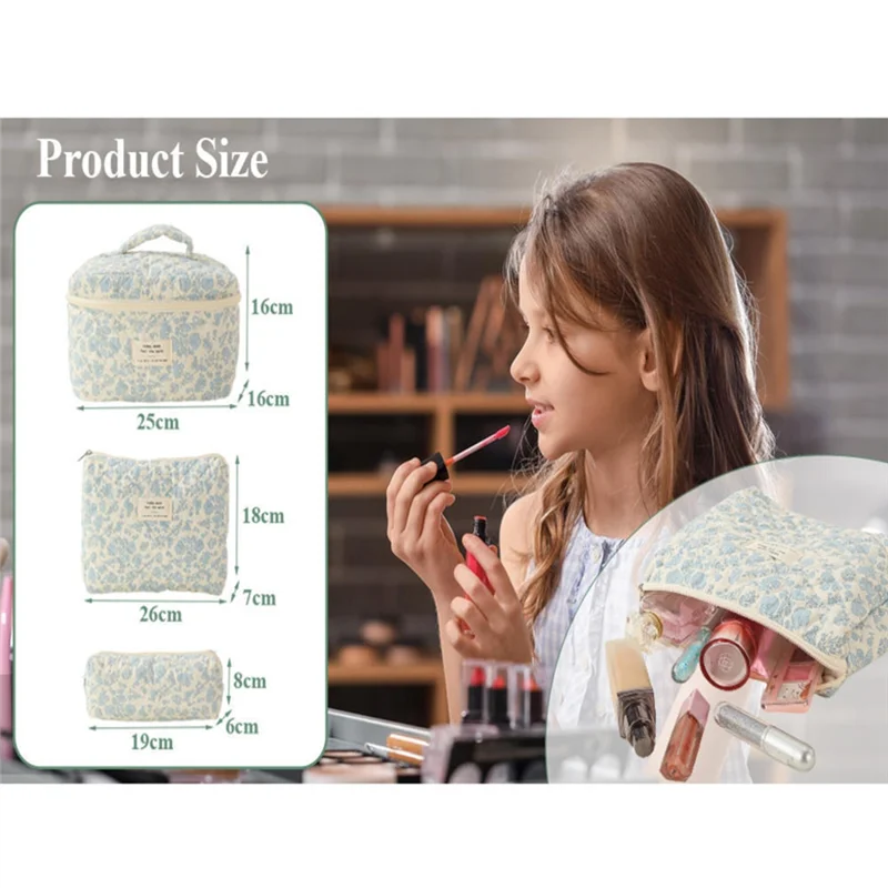 Makeup Cosmetic Bag Cosmetic Bag 3 Pcs Cotton Quilted Makeup Bag Aesthetic Floral Toiletry Bag For Women A