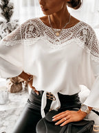 Women's Blouses T-shirt Long Sleeve Lace Stitching White Office Loose Elegant Black Shirt for Women