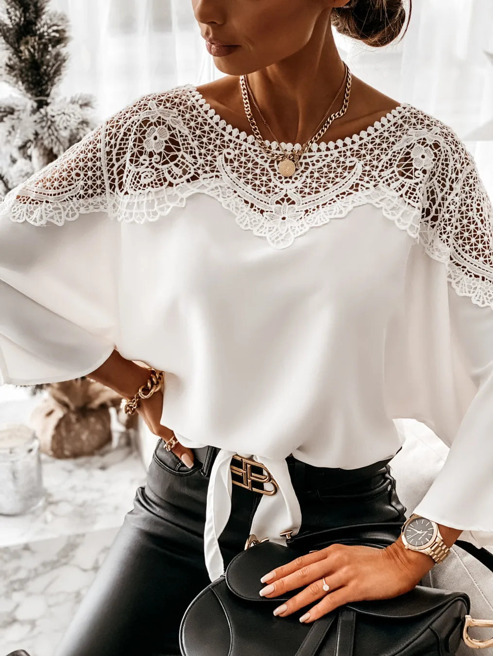 Women's Blouses T-shirt Long Sleeve Lace Stitching White Office Loose Elegant Black Shirt for Women
