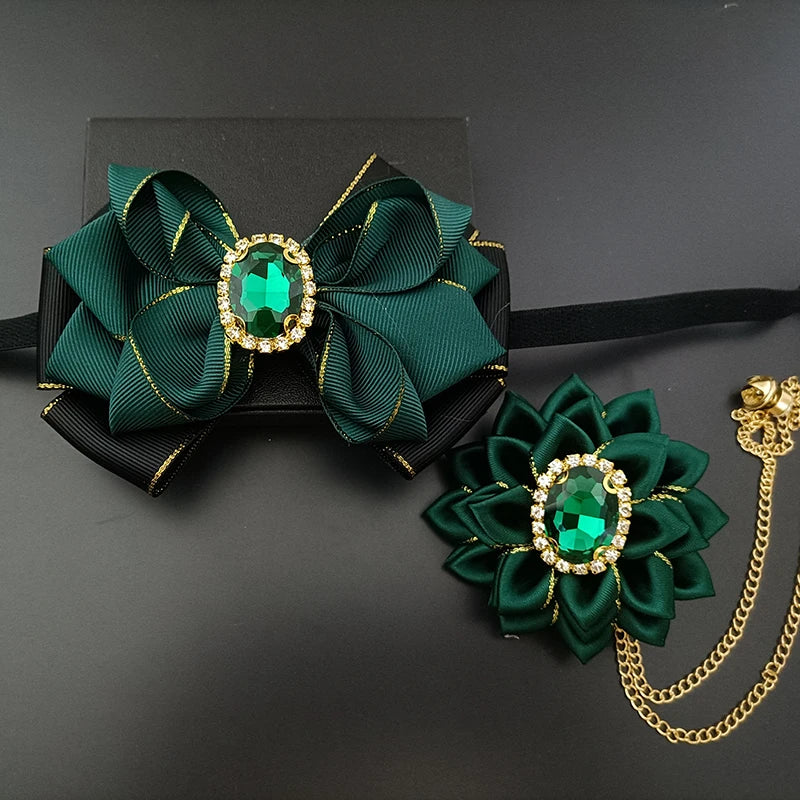 Wedding Bow Tie Corsage Men's Business Banquet Concert Suit Shirts Accessories Jewelry High-end Crystal Collar Flower Brooch Set