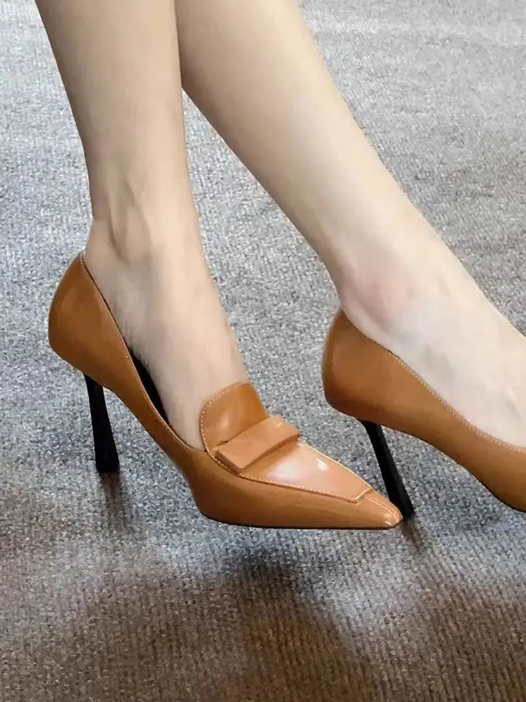 2025 Early Spring New High Heels for Women's Sexy Leather Small Square Buckle Pointed Toe Shallow Mouth Elegant Slim Heels Shoes