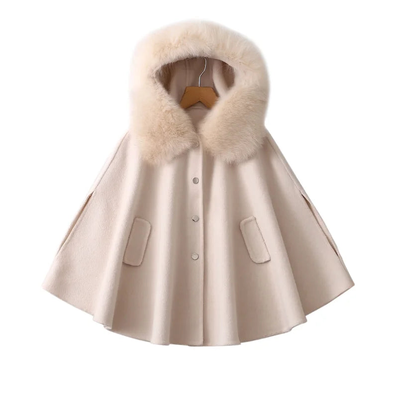Winter Christmas Girls Woolen Coat  Woolen Cape Fox Fur Collar Kids Jacks for Girls Baby Girl Winter Cloths  Girls NewYear Coat