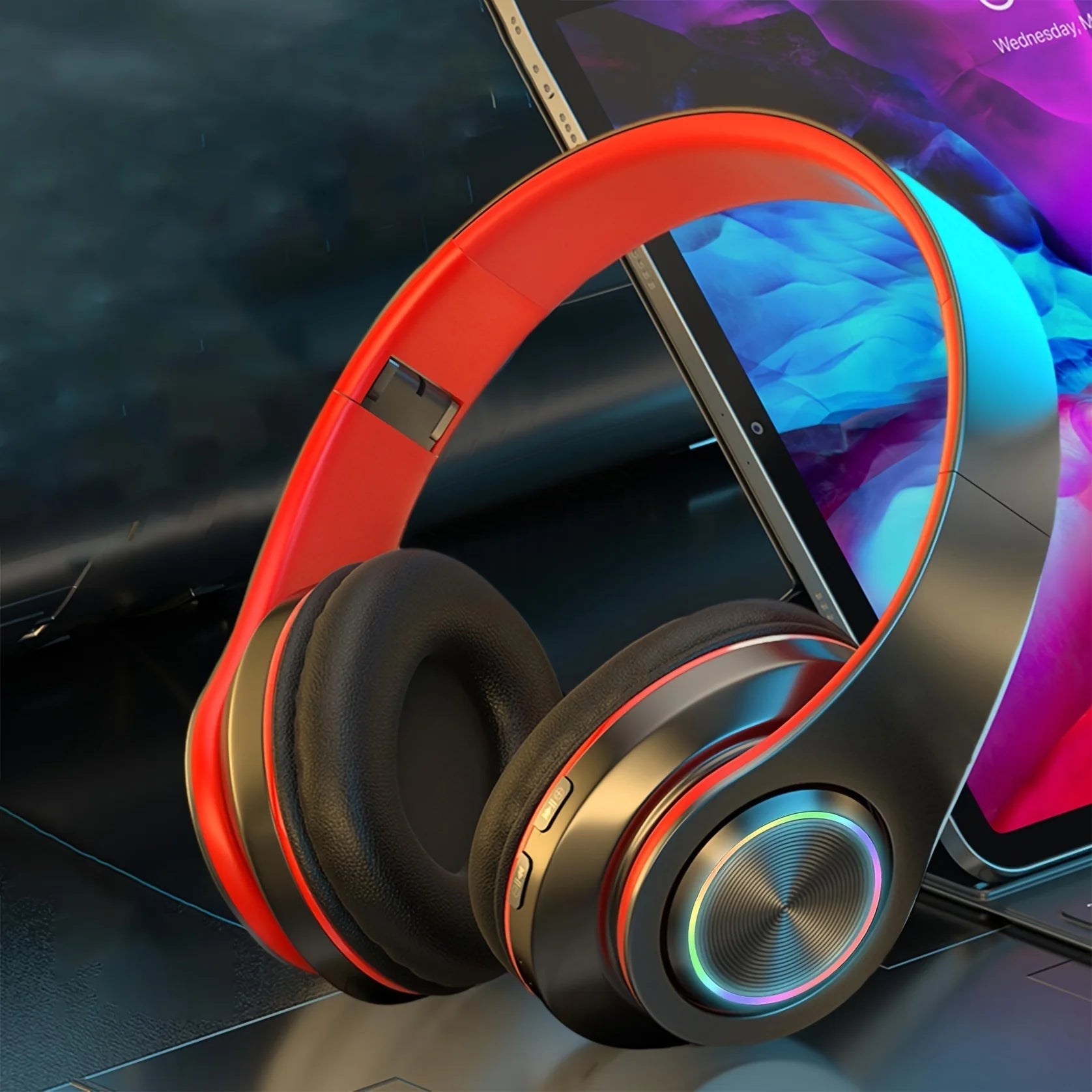 Wireless Over Ear Headphones - Active Noise Canceling, Deep Bass, LED Light, Portable Folding Design for Music, Sports & Games