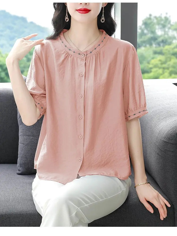 Embroidered Blouse Women Short Sleeve Summer Loose Slimming Top