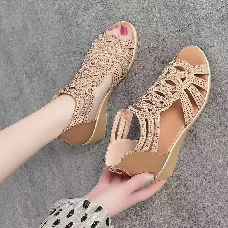 2023 Women Sandals Wedges New Summer Comfortable Hollow Roman Sandals Elegant Low Heel Shoes for Women Fashion Zapatos De Mujer