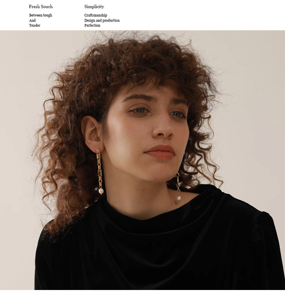 Yhpup Long Hanging Stainless Steel Chain Natural Pearl Drop Earrings Dangle Fashion Party Geometric Charm Temperament Jewelry