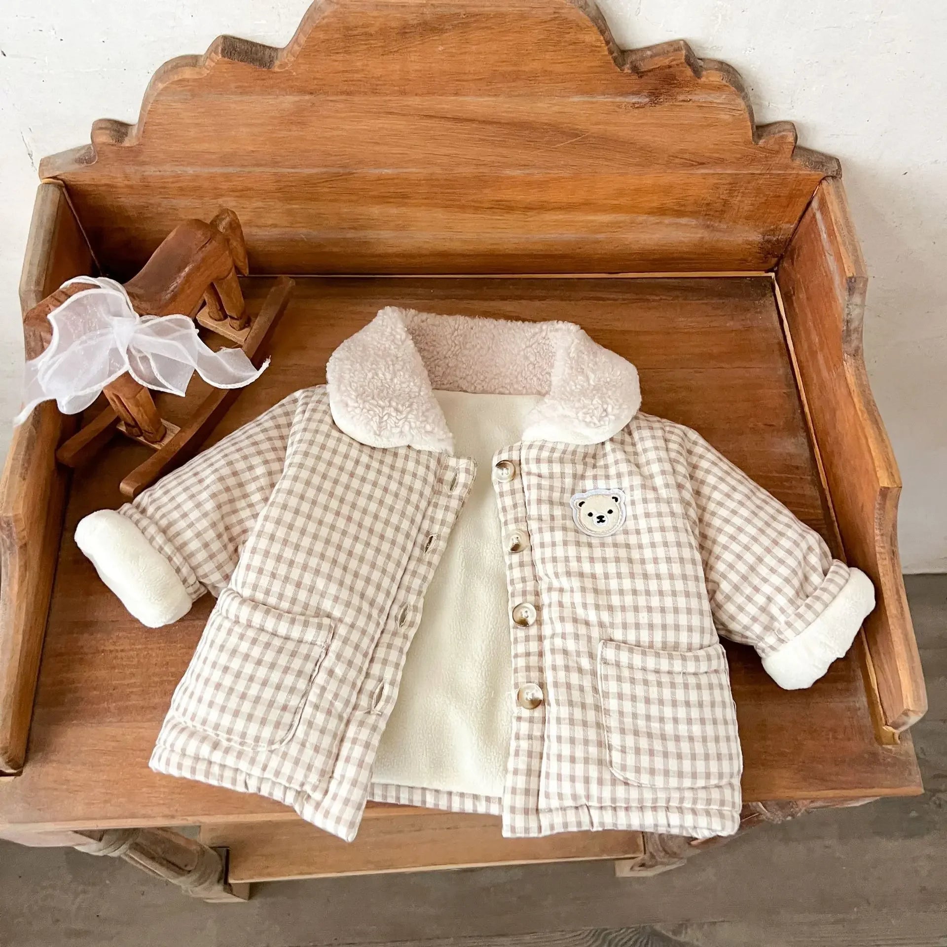 Winter Baby Girl Clothing  Plaid Coat Warm Fleece Lined Cartoon Bear Embroidery Children Cotton Padded Jacket