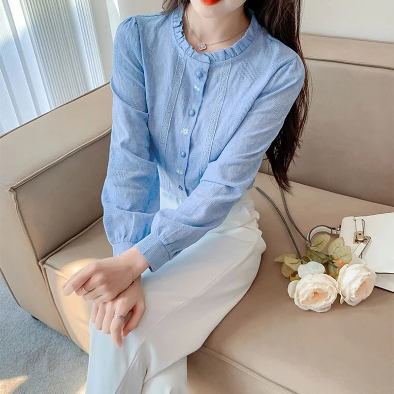 Woman's Embroidery Cotton Long-Sleeved Shirt New Stand Collar Stitching Ruffled Shirts Female Temperament Age-Reducing Thin Top