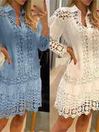Women Lace Stitching Sexy Hollow Out And Transparent Dress Not Lined Elegant Office Spring Casual Long Sleeve White Shirt Dress