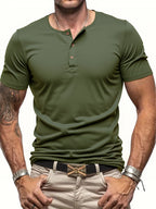 Men's Short Sleeve Henley Neck T-shirt Solid Color Male Tops Slim Fit Button Neck Casual Cozy Tshirt  Streetwear