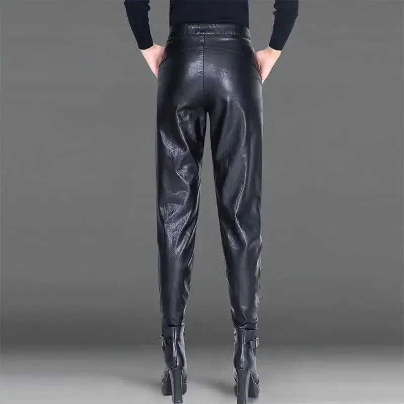 Pants for Women High Waist PU Leather Harem Woman Trousers Aesthetic One Size Classic Autumn Trends 2025 90s Outfits Clothing G