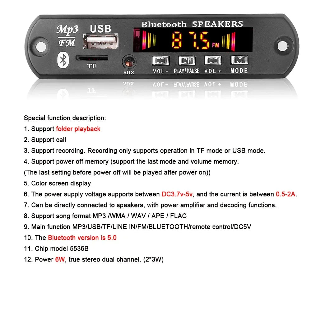 Handsfree 50W amplifier MP3 Decoder Board Color Screen DC 12V Bluetooth V5.0 Car MP3 Player USB Recording Module FM AUX Radio