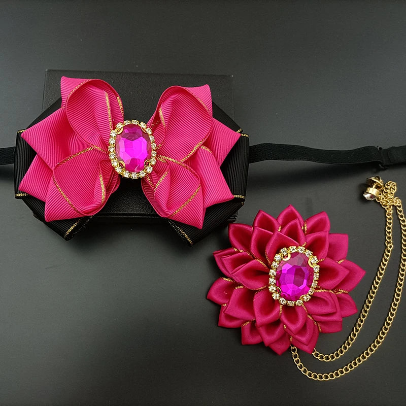 Wedding Bow Tie Corsage Men's Business Banquet Concert Suit Shirts Accessories Jewelry High-end Crystal Collar Flower Brooch Set