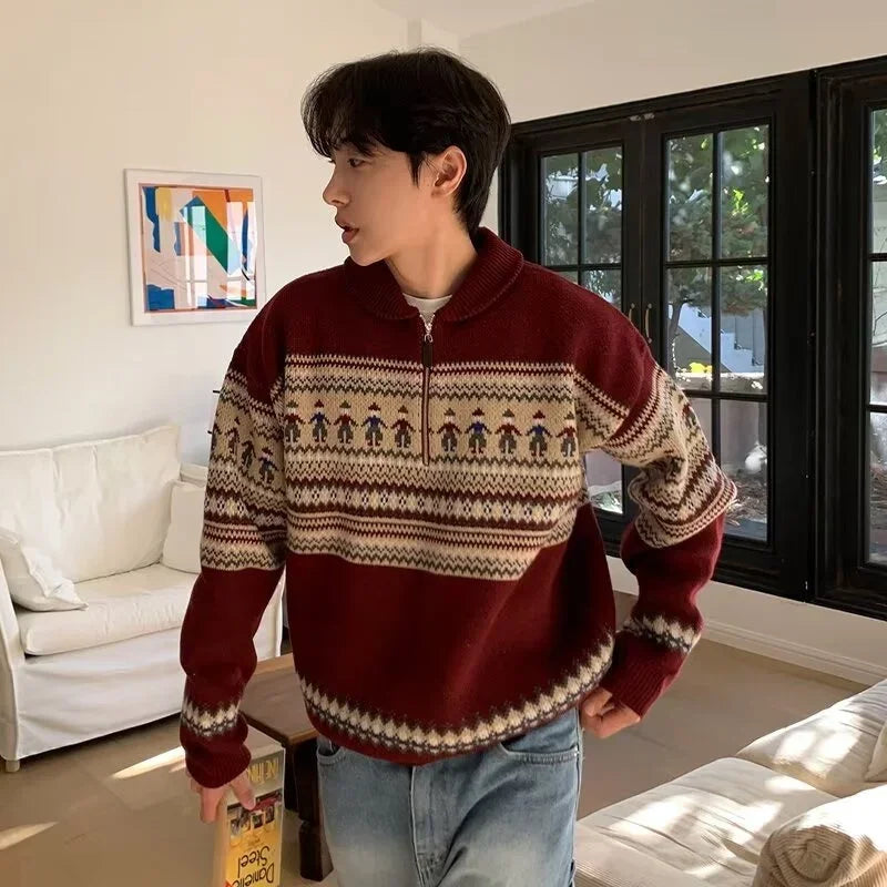 Winter Fair Isle Half Zip Polo Neck Sweaters For Men Y2K Vintage Christmas Knitted Pullovers 2025 New Red Knitwear Man jersey
