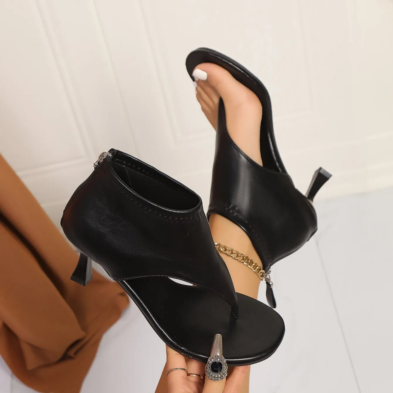 Women Sandals High Quality Summer Sandals Woman Solid Color Mid Heel High Heels Shoes Women Open Toe Flip Flops Sandals Female