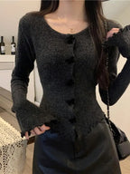 2025 Women's Ruched Long Sleeve Cropped Cardigan V Neck Button Down Knit Lady Autumn Winter Knitted Single Breasted Sweaters