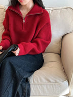 Autumn Winter  Zipper Sweaters Women Solid Color High Neck Knitted Pullover Solid Red Loose Turndown Collar Women's Turtleneck