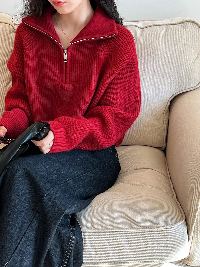 Autumn Winter  Zipper Sweaters Women Solid Color High Neck Knitted Pullover Solid Red Loose Turndown Collar Women's Turtleneck