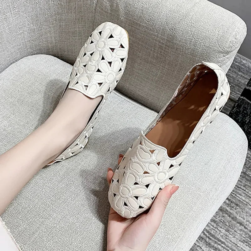 Women Flats Slip on Loafers Foldable Flats for Women Square Toe Single Shoes Hollow Out Fashion Party Casual Fashion Women Shoes